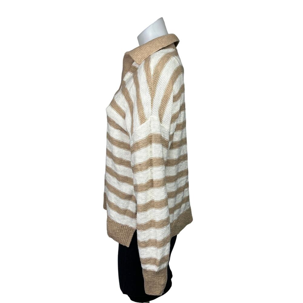 Sonoma Brown Beige Striped Print Cotton Collar Long Sleeve Sweater Top Size M - Picture 2 of 8